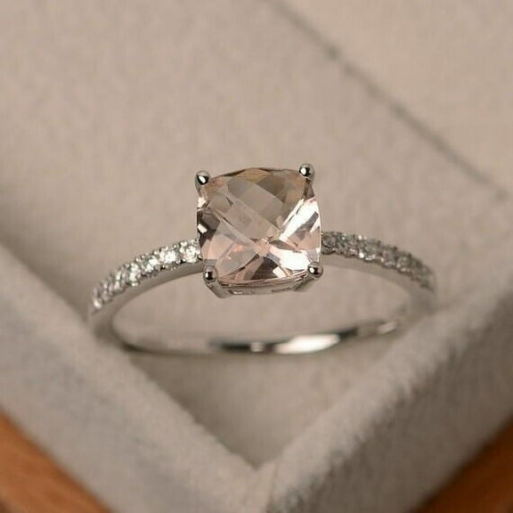 1.50Ct Lab Created Morganite Engagement Ring 14K White Gold Plated Silver Cushion Cut