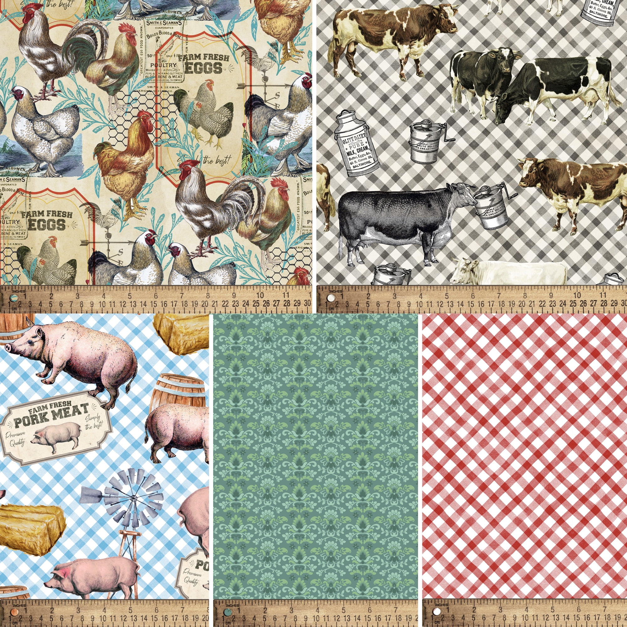 David Textiles 18" x 21" 100% Cotton Famr Chickens, Multi-color, for Quilting & Sewing, 5 Pieces