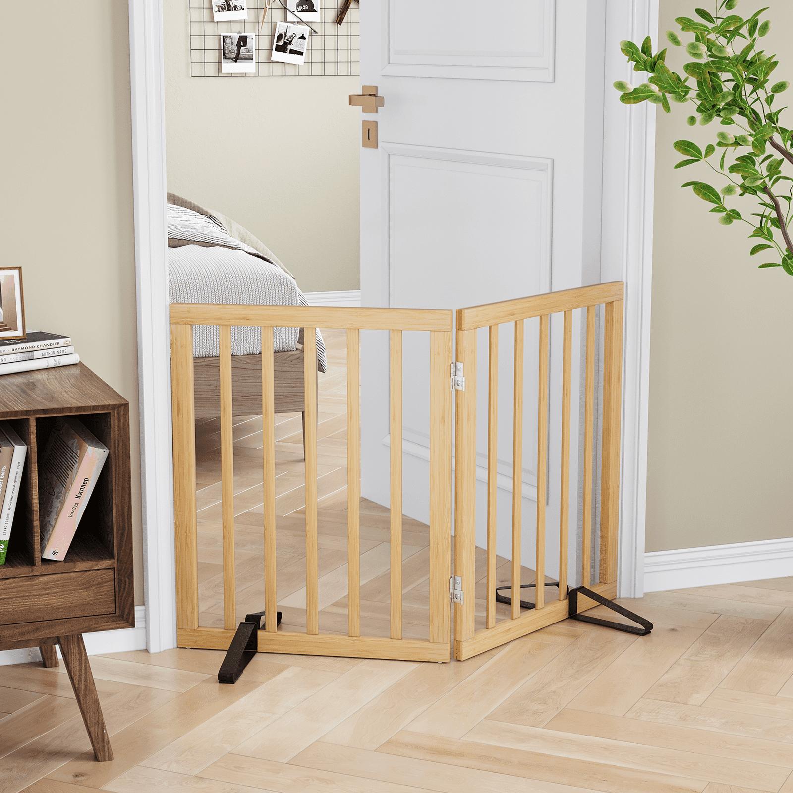 Smart FENDEE Bamboo Dog Gates for Doorways Freestanding Pet Gate, 2 Support Feet, 24"H, Natural