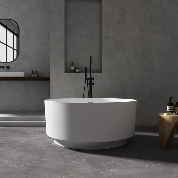 MEDUNJESS 49" Freestanding Bathtub, Modern Soaking Stand Alone Tub Solid Surface Resin Stone Bathtub with Pop Up Drain and Overflow, Matte White