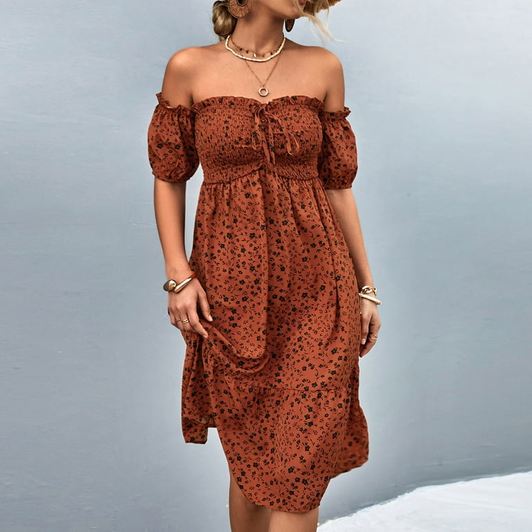Peasant Dress For Women Summer Puff Sleeve Off The Shoulder Sweetheart Neck Empire Waist Pleated Peplum Hem Sun Dress Women s Dresses Clearance Sale Walmart