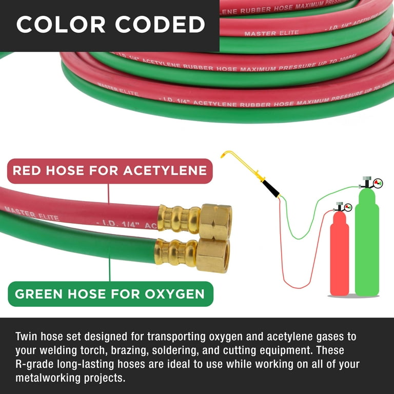 Master Elite Series 50' Oxygen Acetylene Hose Twin Welding Hose Set, 1/4  Inch B Fittings, 9/16”-18 - Oxy Acetylene Cutting Torch Hoses, Welder Gas  Hose Cut Metal, Green Red, Grade R, Fits