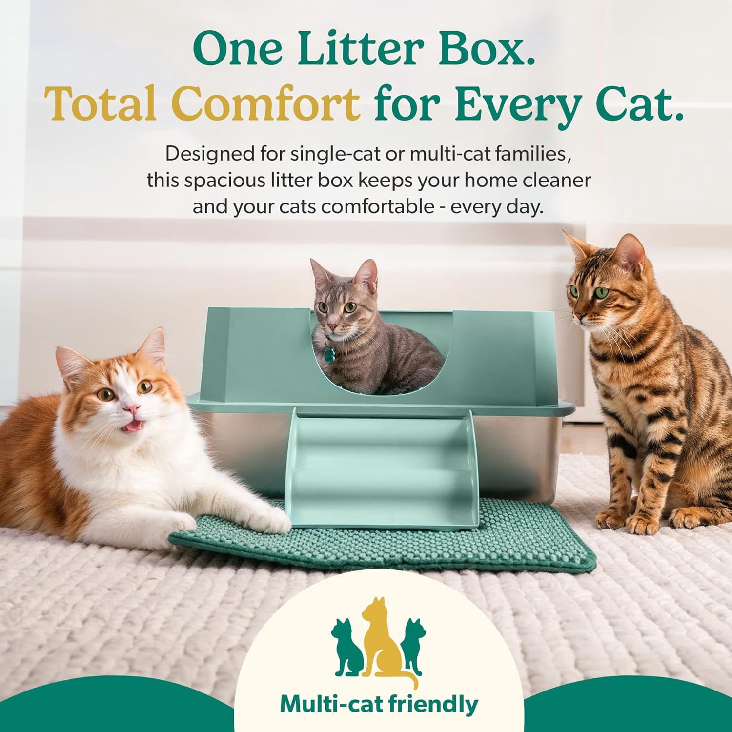 Petcove Stainless Steel Cat Litter Box XL with Lid – 3-in-1 Extra Large Covered Metal Cat Litter Box with High Wall Design & Carbon Filter – Green