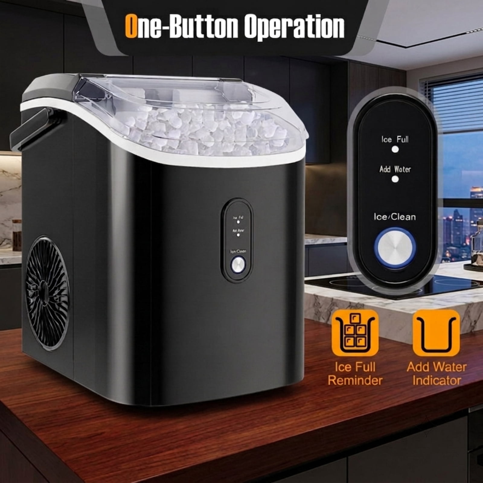 RUIE Nugget Ice Maker Countertop, Soft Chewable Pellet Ice Machine 34 lbs/Day for Home Kitchen Office Bar, Portable Ice Maker with Scoop, Black