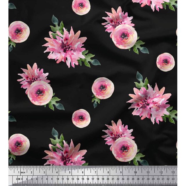 Soimoi Tissu Voile de Coton Noir Imprimé Floral Ranunculus & Chrysanthème 1 Yard 42 Pouces de Large
