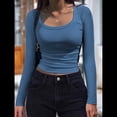 thumbnail image 4 of Camisas de Larga con Cuello Redondo para Mujer, Blusas Informales de Punto Acanalado de Corte Ajustado, Camisetas Básicas de Trabajo para Verano y Otoño. Azul S, 4 of 9