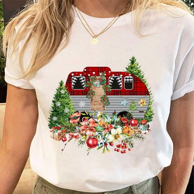 Camisetas estampadas de Papá Noel para mujer, camiseta de Navidad y Año Nuevo de los años 90, ropa femenina, Tops estampados, camiseta gráfica de dibujos animados a la moda para mujer