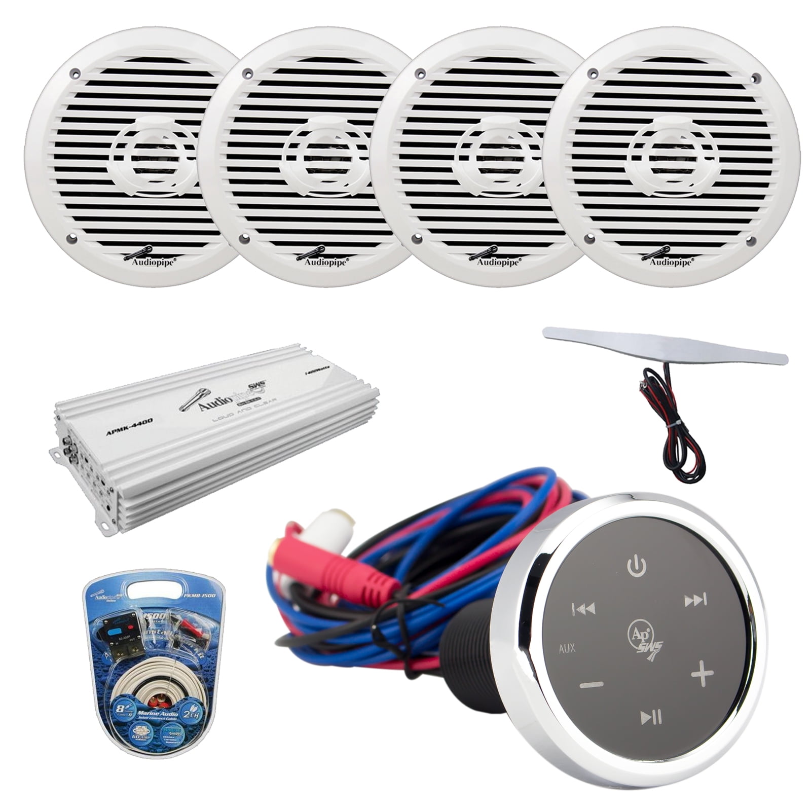 Audiopipe Marine Bluetooth Audio Receiver, 4x 6.5" 2Way White 200 Watt