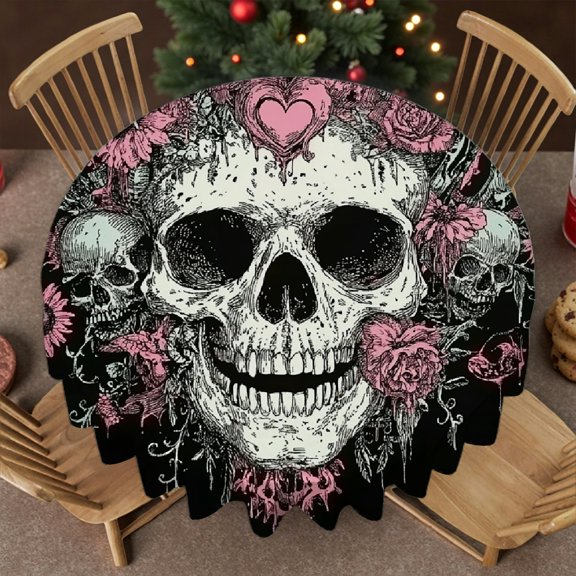RKSupls Round Tablecloth - Skull Flowers Heart Print, 2D Flat Printing Festive Table Setting Stain Resistant & Washable Decor, Wedding, Party, Home Dining