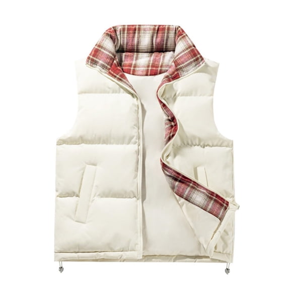 Men's & Women's Casual Color-matched Plaid Stand-up Collar Thickened Warm Zipper Sleeveless Vest, Beige, L