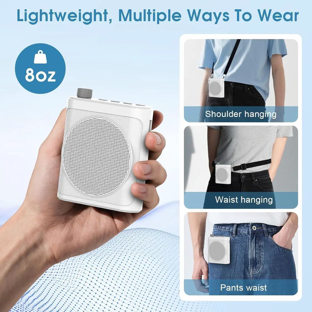 15W Wireless Voice Amplifier with 2 Magnetic Lavalier Mics & Noise Reduction - Bluetooth 5.3 PA System for Teachers, Tour Guide, Yoga - 15H Rechargeable Battery, Waist-Mount Design (White) Black