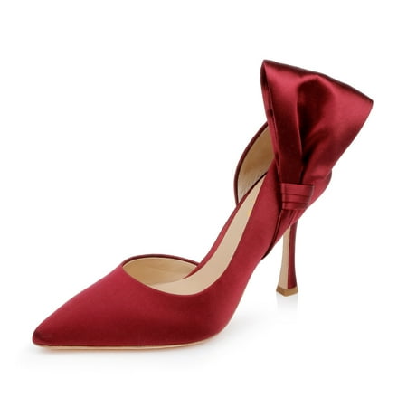 XYD Women Graceful Pointed Closed Toe Bow Side Pumps Stiletto High Heels Slip-on D Orsay Elegant Bridal Ladies Shoes Size 7 Red