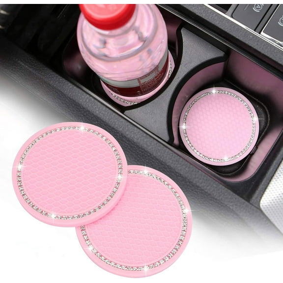 JELLOO Bling Auto Car Insert Cup Coaster, Silicone Anti-Slip Drink Car Cup Mat, Universal Vehicle Interior Accessories for Women Girls, 7*7cm, Pink With Rhinestones