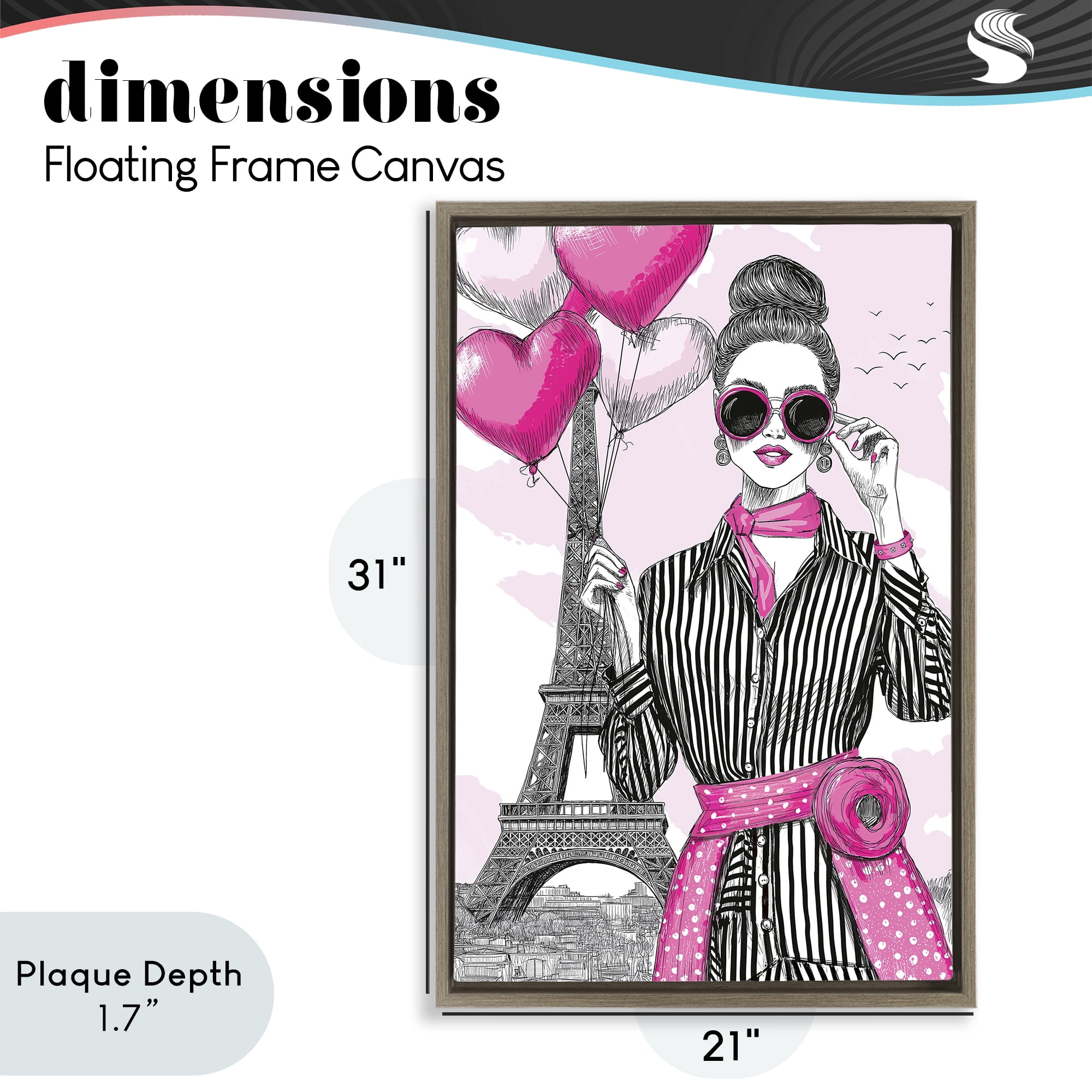 Stupell Industries Parisian Chic Woman with Balloons Brown Framed Floater Canvas Wall Art, design by Jess Stempel