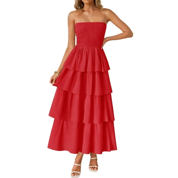 Vestido largo ZESICA Summer 2025 sin tirantes con hombros descubiertos rojo