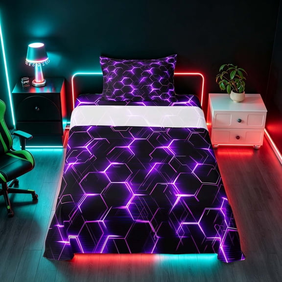 Manfei Futuristic Hexagon Twin Sheets, Purple Neon Honeycomb Bedding, Purple Black, Black Reversible 3-Piece1 Flat Sheet 1 Fitted Sheet 1 Pillowcase
