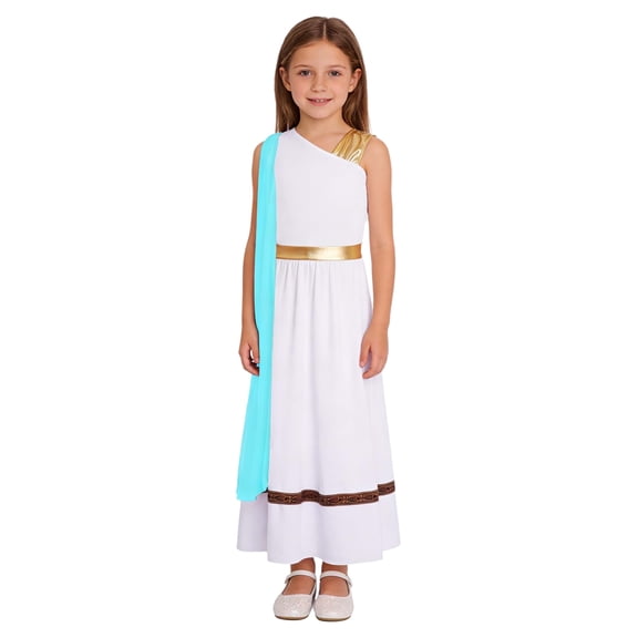 TiaoBug Kids Girls Roman Toga Dress One Shoulder Metallic Tunics Overlay Chiffon Shawls Maxi Gowns for Themed Parties Blue 12