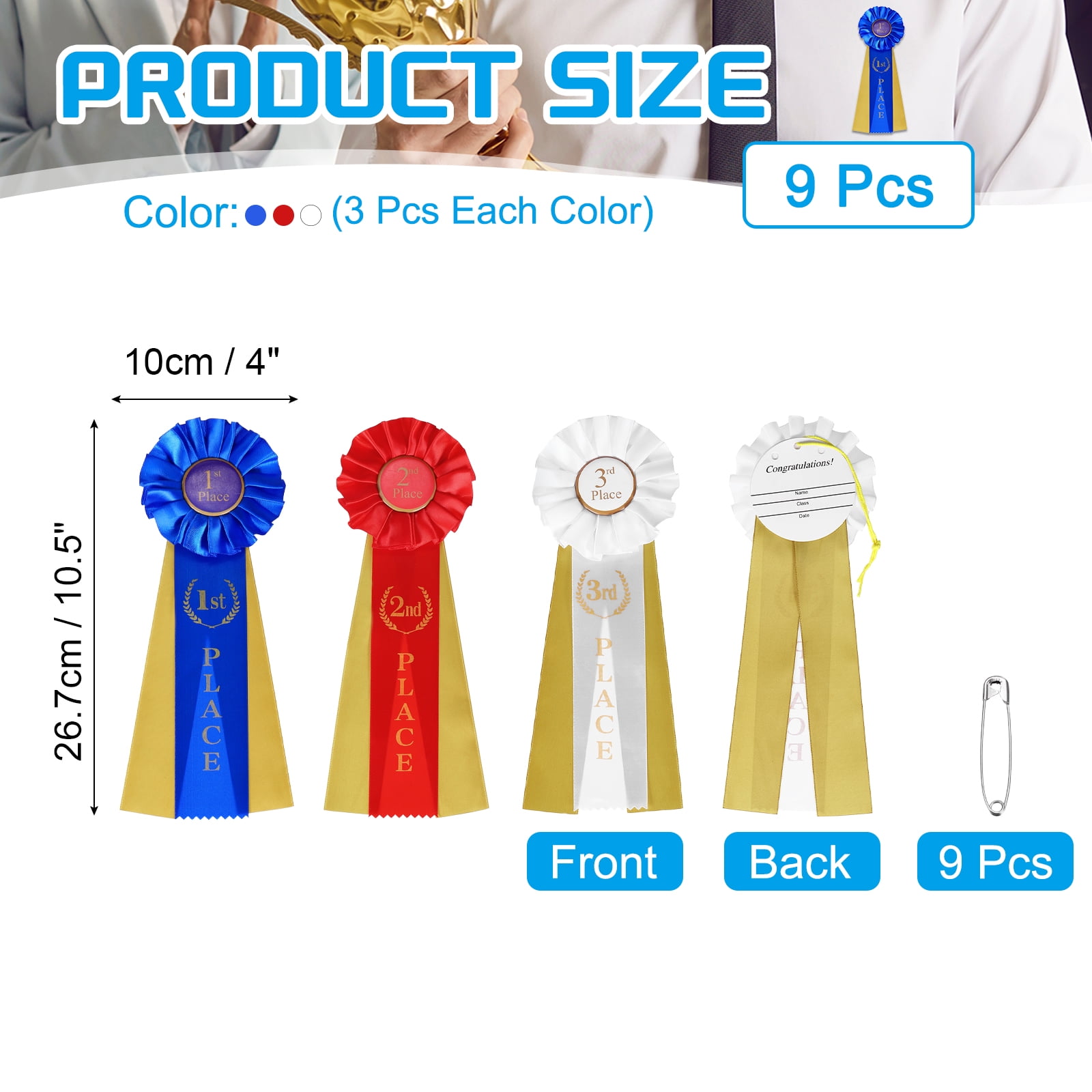 Uxcell 9 Pcs Award Ribbons, 1st 2nd 3rd Place Winner Prize Ribbon for Competition Sports Event, Blue Red White