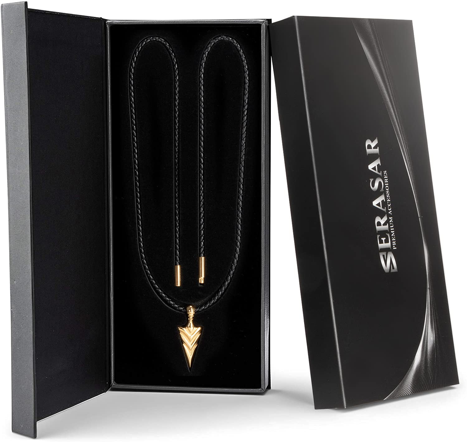 SERASAR Men's Premium Leather necklace "Arrow" with Stainless steel Pendant and Magnetic Closure, Gold 60cm, incliding Gift box