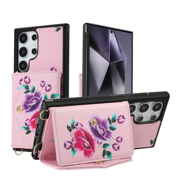 for Samsung Galaxy S23 Ultra, Card Slots Back Case, 1 Shoulder Strap and 1 Lanyard, Floral Pattern PU Leather RFID Blocking Make-up Mirror Kickstand Magnetic Clasp Phone Cover for Women Girls, Pink