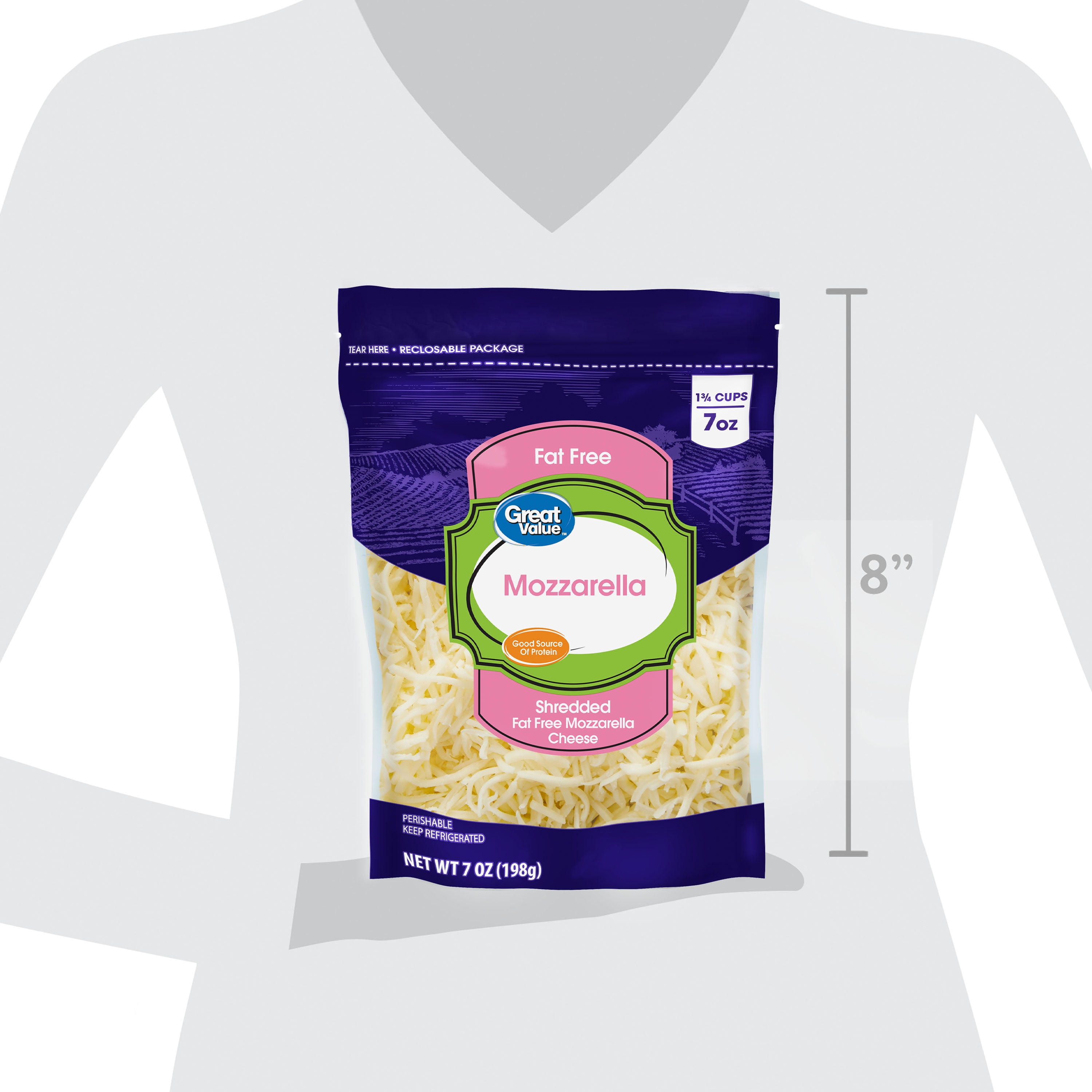 Great Value Fat-Free Mozzarella Shredded Cheese, 7 oz Bag