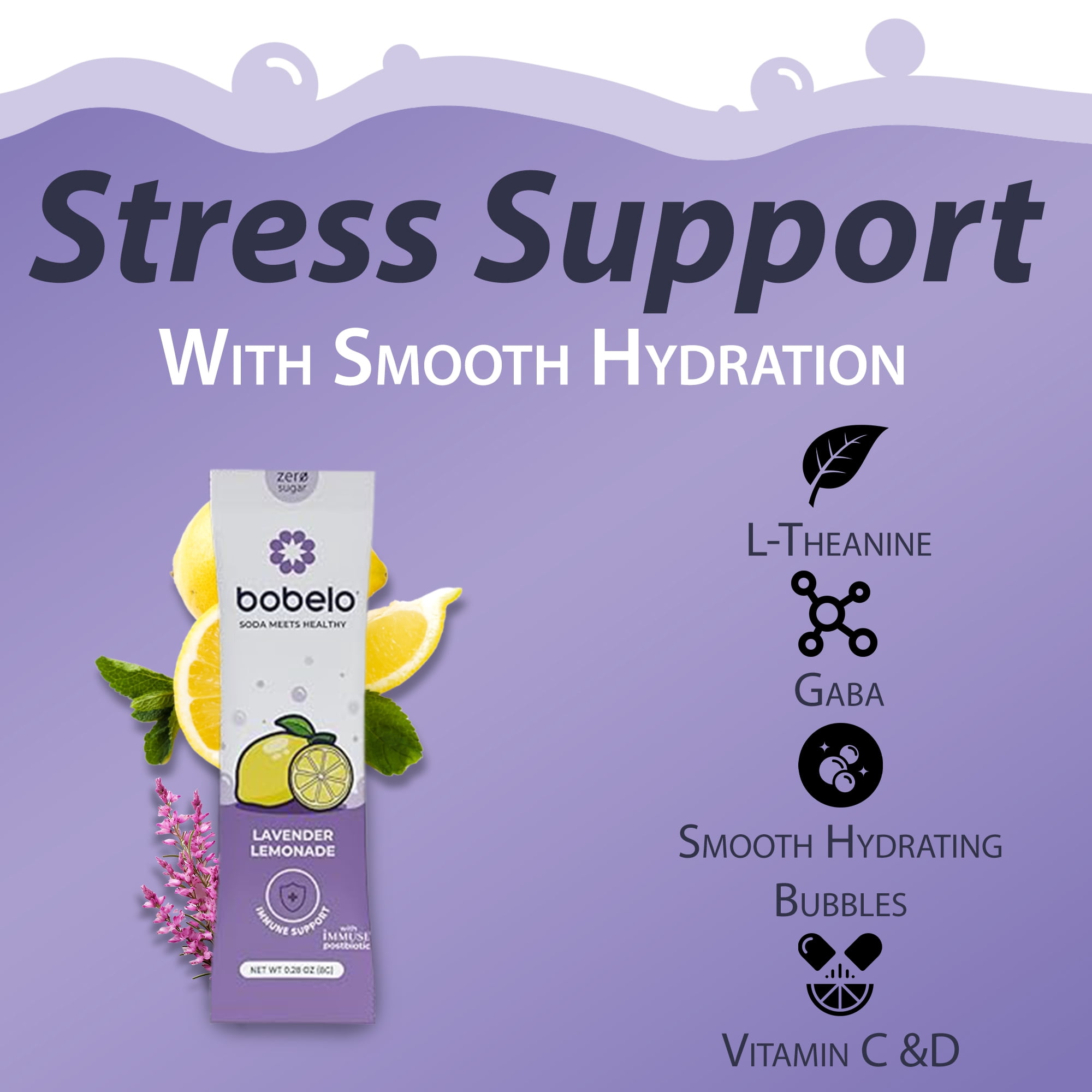 Bobelo Patented Bubbles, Lavender Lemonade, Stress Relief Powdered Drink Mix, 0.28 oz, 15 Count Packets