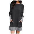 thumbnail image 1 of CEHVOM Women Casual Loose Round Neck Solid Color Patchwork Long Sleeve Pockets Mini Dress, 1 of 8