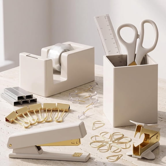 Aesthetic Desk Accessories Set for Women, Complete Office Organizer Set, Office Supplies Kit includes Pen Holder, Scissors, Stapler, Tape Dispenser and More