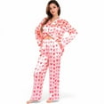 thumbnail image 4 of Women's Pink Heart Print Pajama Set with Button-Up Long Sleeve Top and Relaxed Fit Pants- Pink,Small, 4 of 7