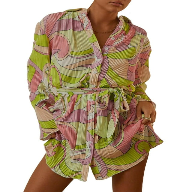 Robe Plissée Mini pour Femmes Imprimé Floral Col en V Profond Robe d'Été Manches Longues avec Cordon de Serrage Robe Chemise Clubwear Noir Floral S