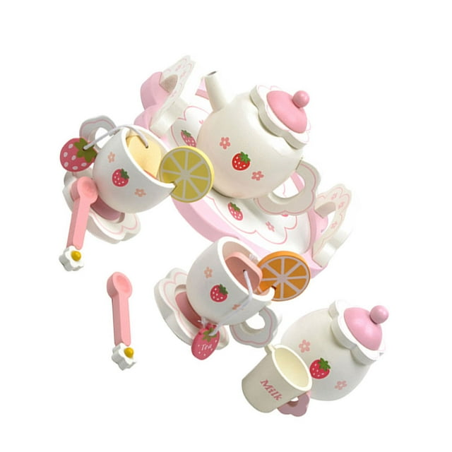 Baohd 14 Pcs Wood Mini White Afternoon Tea Set Simulation Toy Cup Teapots Tray Early Education Kids Kitchen Game Kindergarten