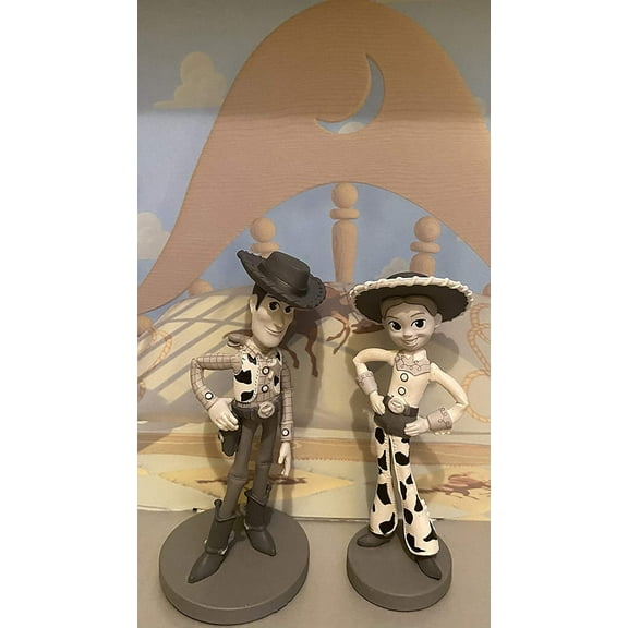 25th Anniversary Woody Jessie Pair 3” Sculptured Lose Pvc Figure Figurine Cake Topper Collectible Black & White Period New