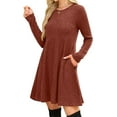 thumbnail image 3 of Long Sleeve Dress for Women Crew Neck Waist Tunic Dress with Pockets Caramel Color L, 3 of 6