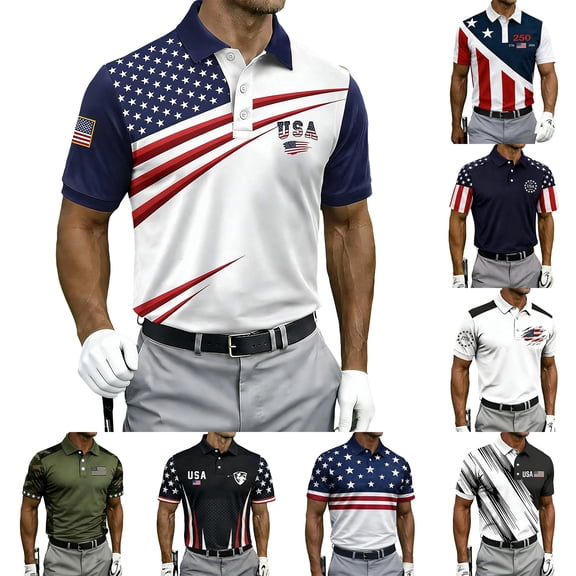 Men's USA 250th Anniversary Polo Tshirt, Patriotic American Flag Graphic Tee, Golf Polos with Dynamic Stripe Patterns and Breathable Mesh Fabric Army Green L