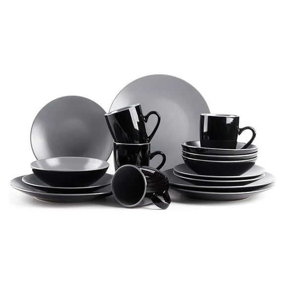 Stoneware Dinnerware Set, 16pc Two-Tone Black & Grey - Coupe Shape, Dishwasher & Microwave Safe - Modern Table Setting for 4