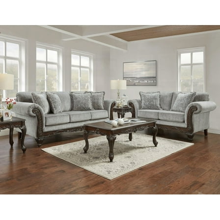 Gray Sofa and Loveseat Set from Hernen Having Carved Wood Frame