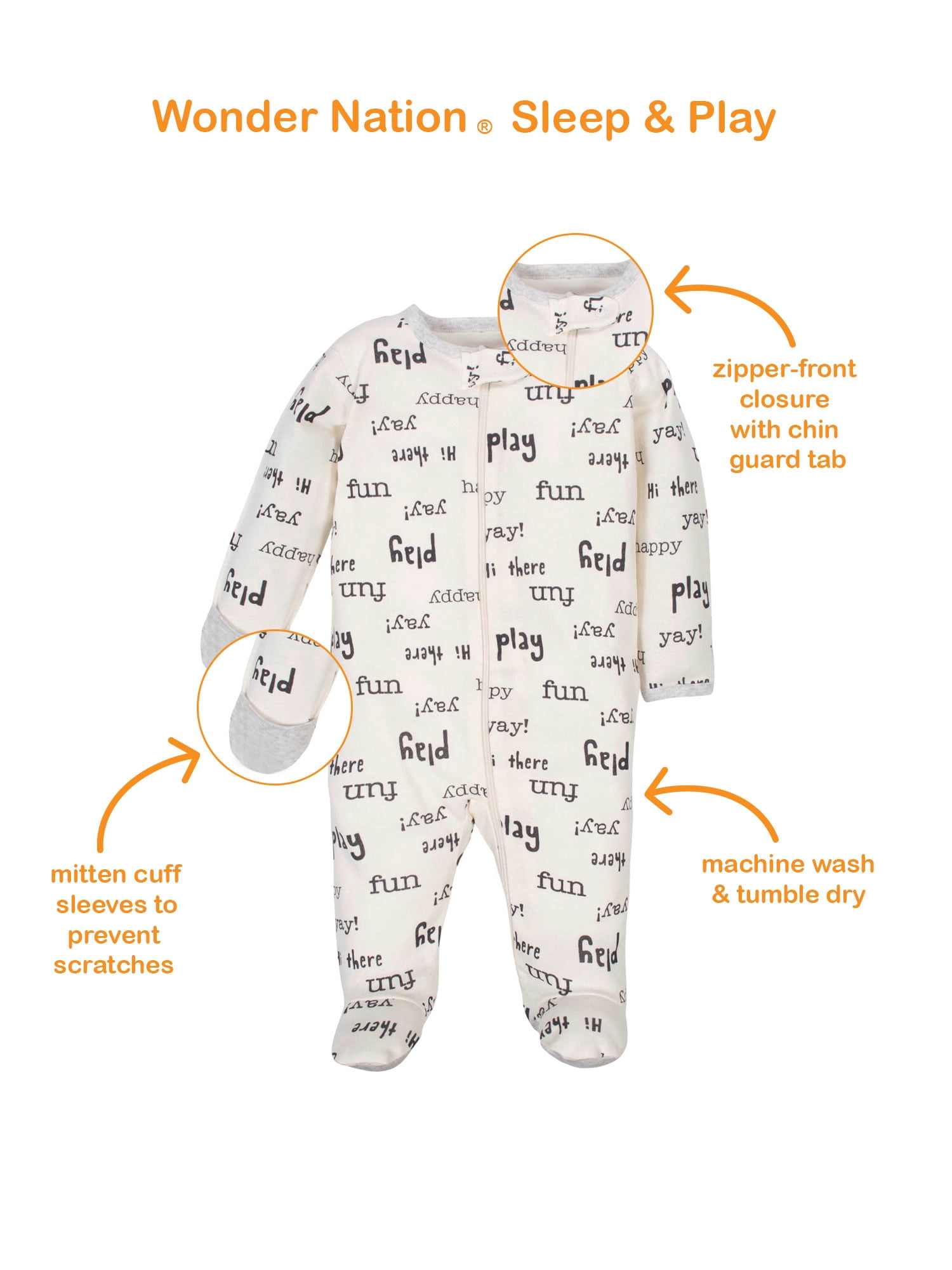 Wonder Nation Baby Neutral Zip Up Sleep ‘N Play Footed Pajamas, 2-Pack, Sizes Newborn - 6/9 Months