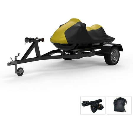 Weatherproof Jet Ski Covers for Yamaha VXR 2015-2016 - Yellow/Black Color - All Weather - Trailerable - Protects from Rain, Sun, UV Rays, and More! Includes Trailer Straps and Storage Bag