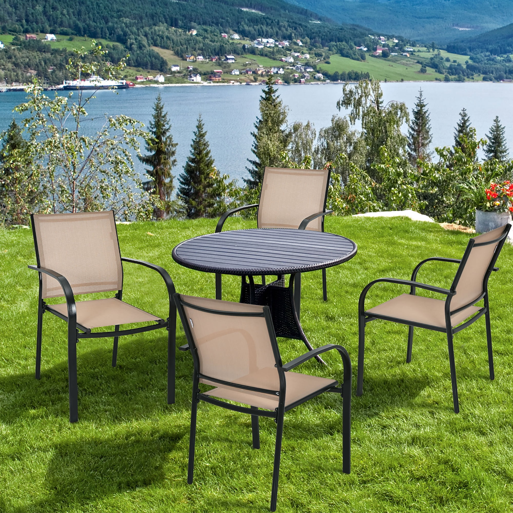 Costway Set of 2 Patio Dining Chairs Stackable with Armrests Garden Deck Brown