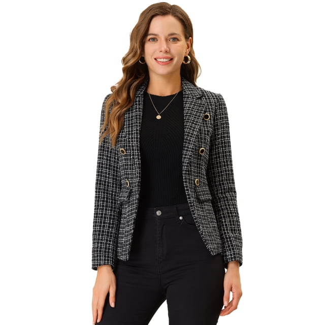 Chaqueta de mujer Allegra K elegante a cuadros de Manga larga con solapa frontal abierta tweed Negro XS