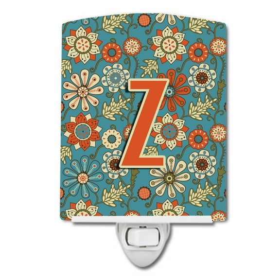 Caroline's Treasures CJ2012-ZCNL Letter Z Flowers Retro Blue Ceramic Night Light, 6x4x3", multicolor