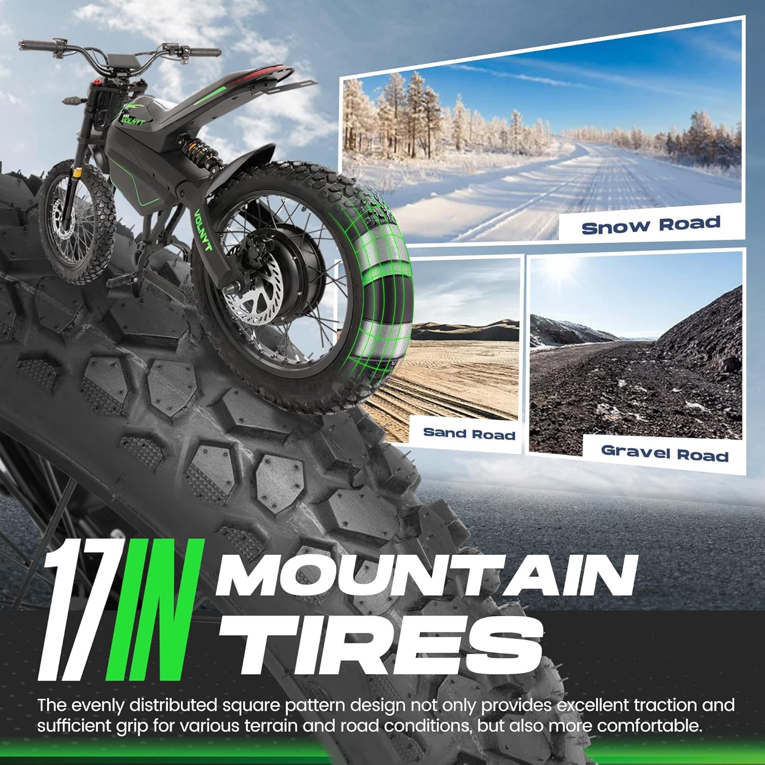 VOLNYT 17" Electric Dirt Bike for Adult,48V 3000W 38.4AH Samsung lithium battery,Men's Road Mountain Moped Ebike BLACK
