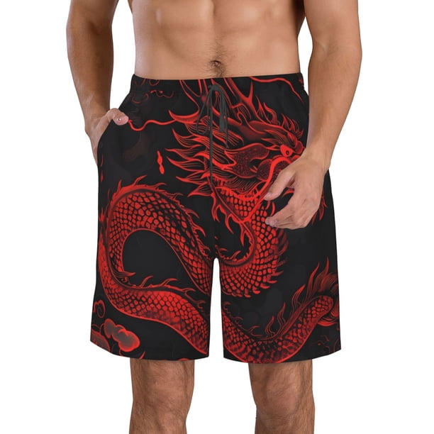 Balery Red Dragon On Black Traje de Baño Estilo Hawaiano para Hombre, Shorts de Secado Rápido con Bolsillos-Small