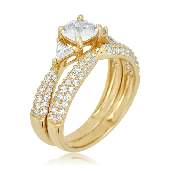 AVORA 10K Yellow Gold 0.75 Carat Cushion-Cut Simulated Diamond CZ Anniversary Bridal Engagement Wedding Band Ring Set  - Size 8