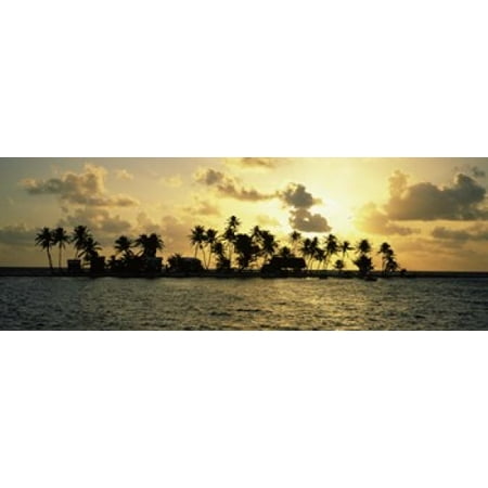 Silhouette of palm trees on an island at sunset Laughing Bird Caye Victoria Channel Belize Canvas Art - Panoramic Images (36 x (Best Islands In Belize)