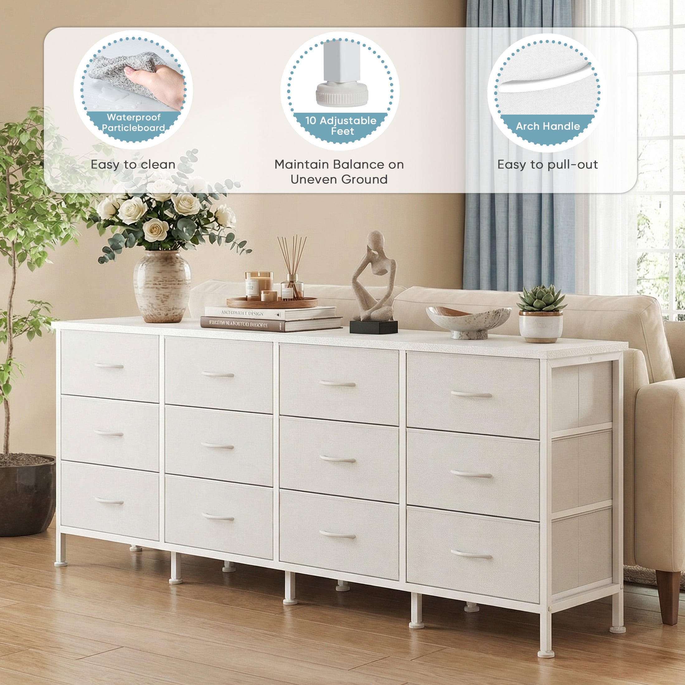 CONCETTA 12 Drawer Storage TV Dresser, Metal Frames Resist Deformation, Adjustable Feet Prevent Tipping, Accommodates TV Up to 80 inch, Suitable for Living Room, White