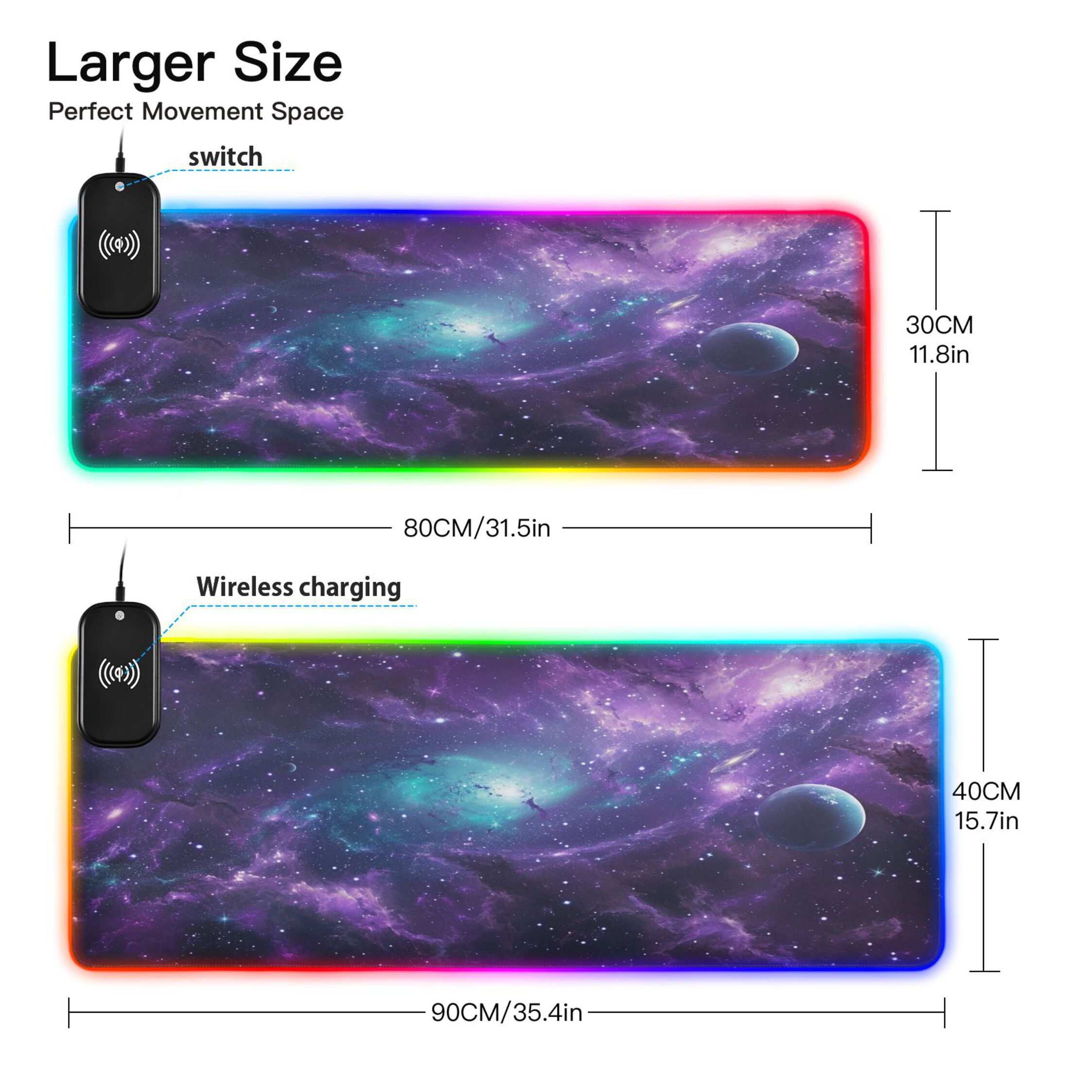Wireless Charging Mouse Pad Large RGB Gaming Desk Mat 13 Light Modes Mousepad 31.5x11.8 Nebula and Planet