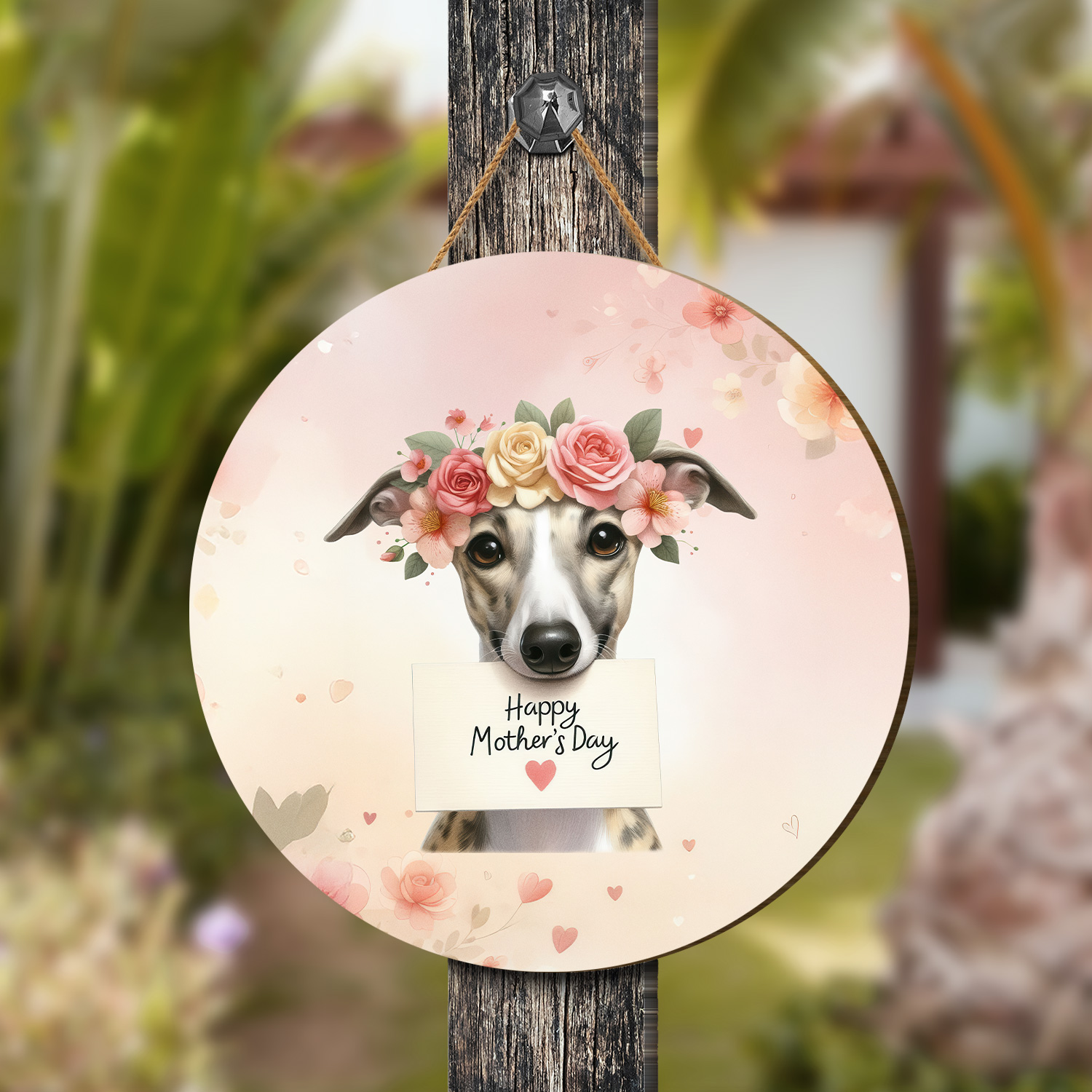 Happy Mother's Day Whippet with Flower Crown and Greeting Card Round Wood Sign Dog Lover Hanging Wall Home Decor - 13004