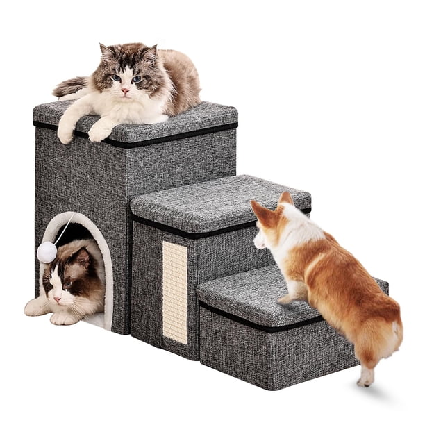 Escaleras para mascotas de 3 niveles con bola de juego y rascador, antideslizante con almacenamiento, plegable para gatos y perros mayores