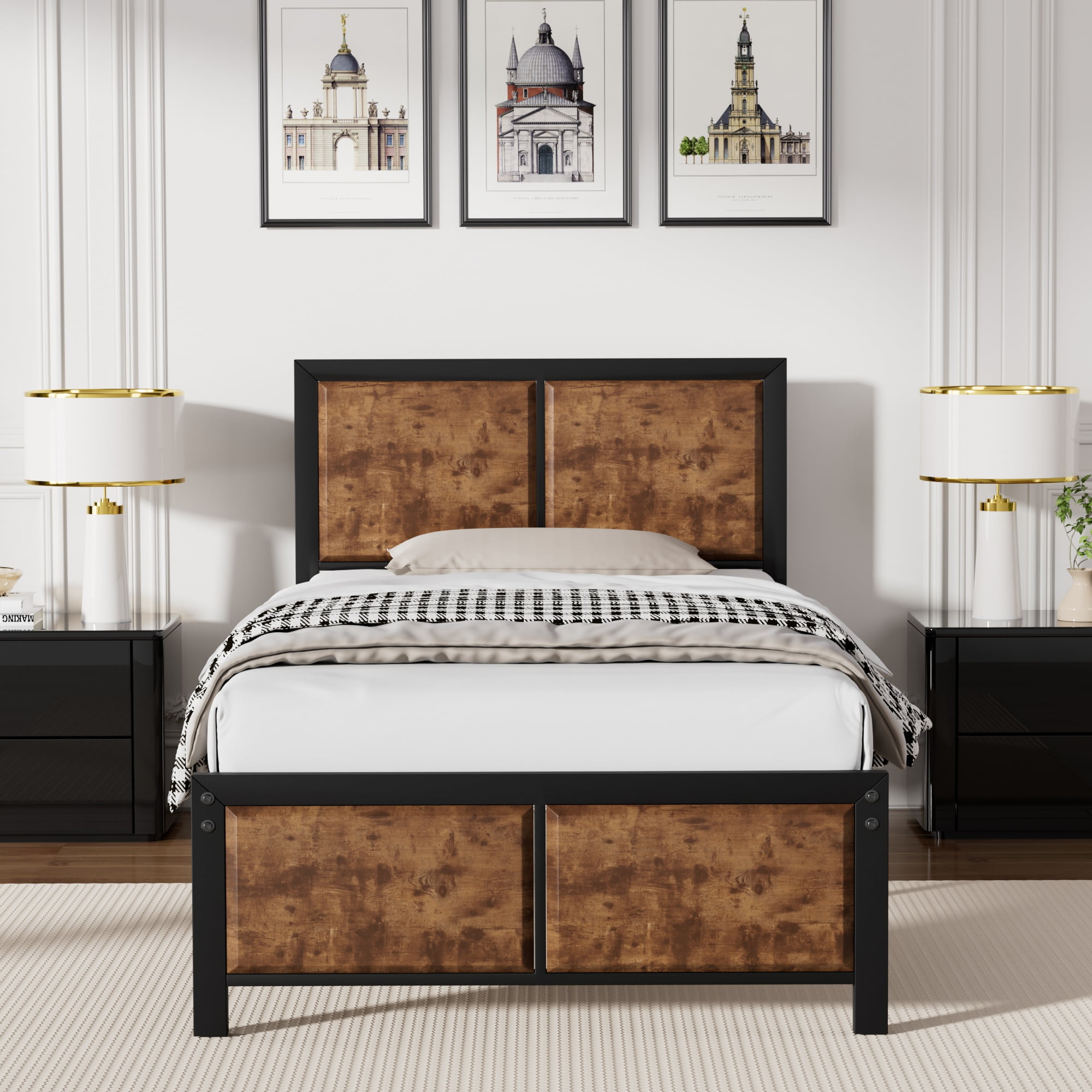 VECELO Metal Platform Bed Frame, Wooden Headboard and Footboard, Black & Wood Grain, Twin Size